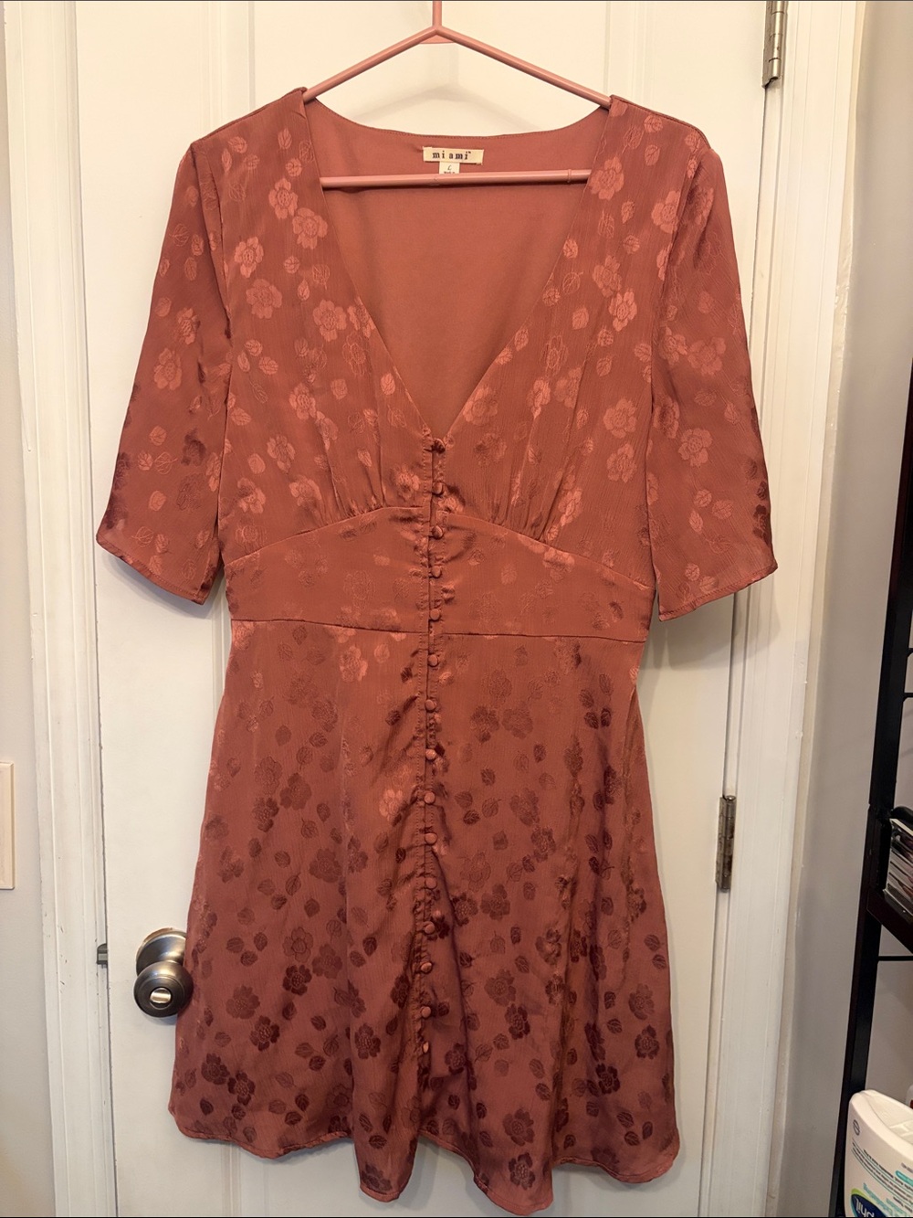 Rust Floral Button-Front V-Neck Dress